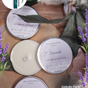 Mini Vela Aromática Vegana | Latinha Lavanda com toque de chá branco - 20 gramas